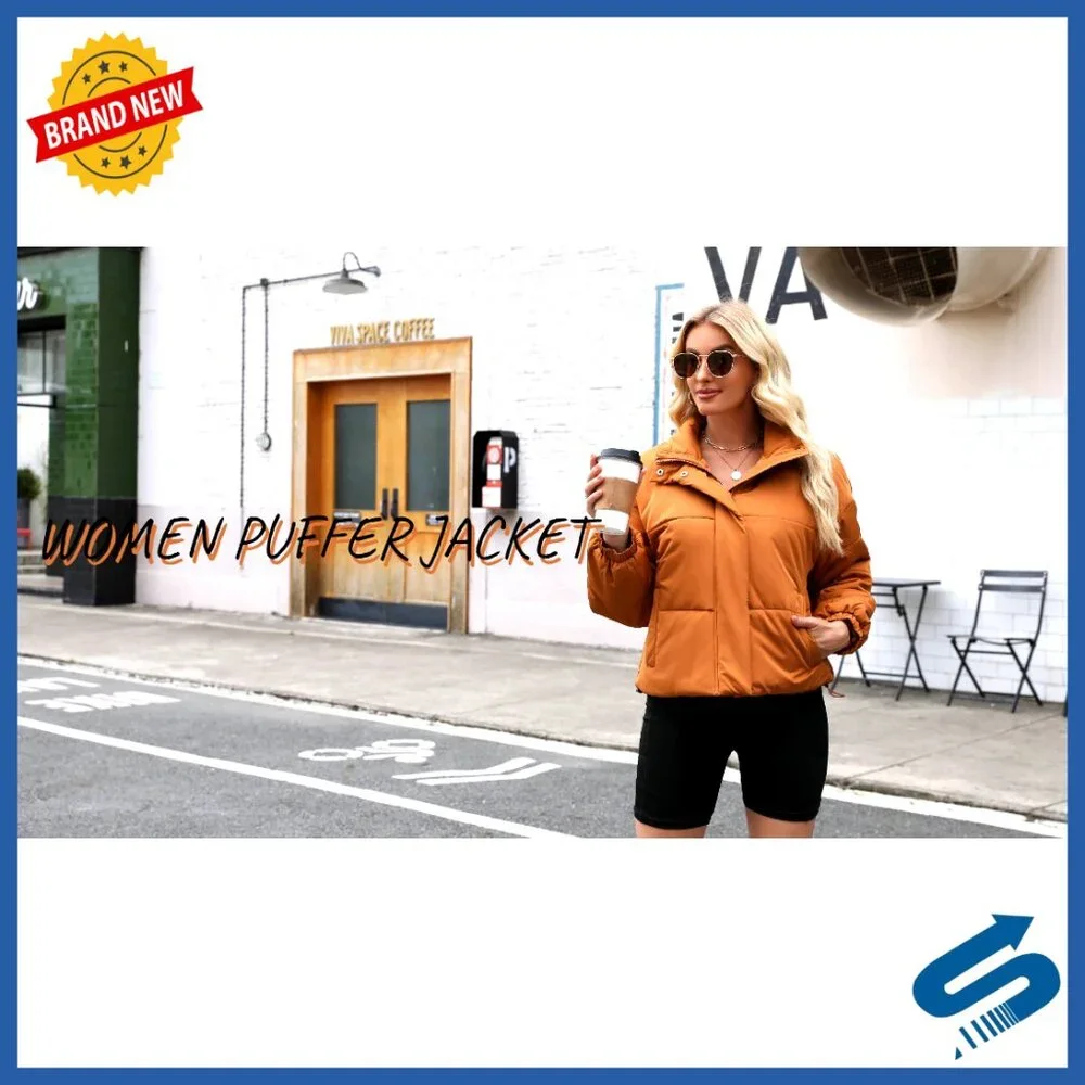 Cropped Puffer Jacket, Quilted Polyester, Long Sleeve, Stand Collar, Zipper - Picture 7 of 7